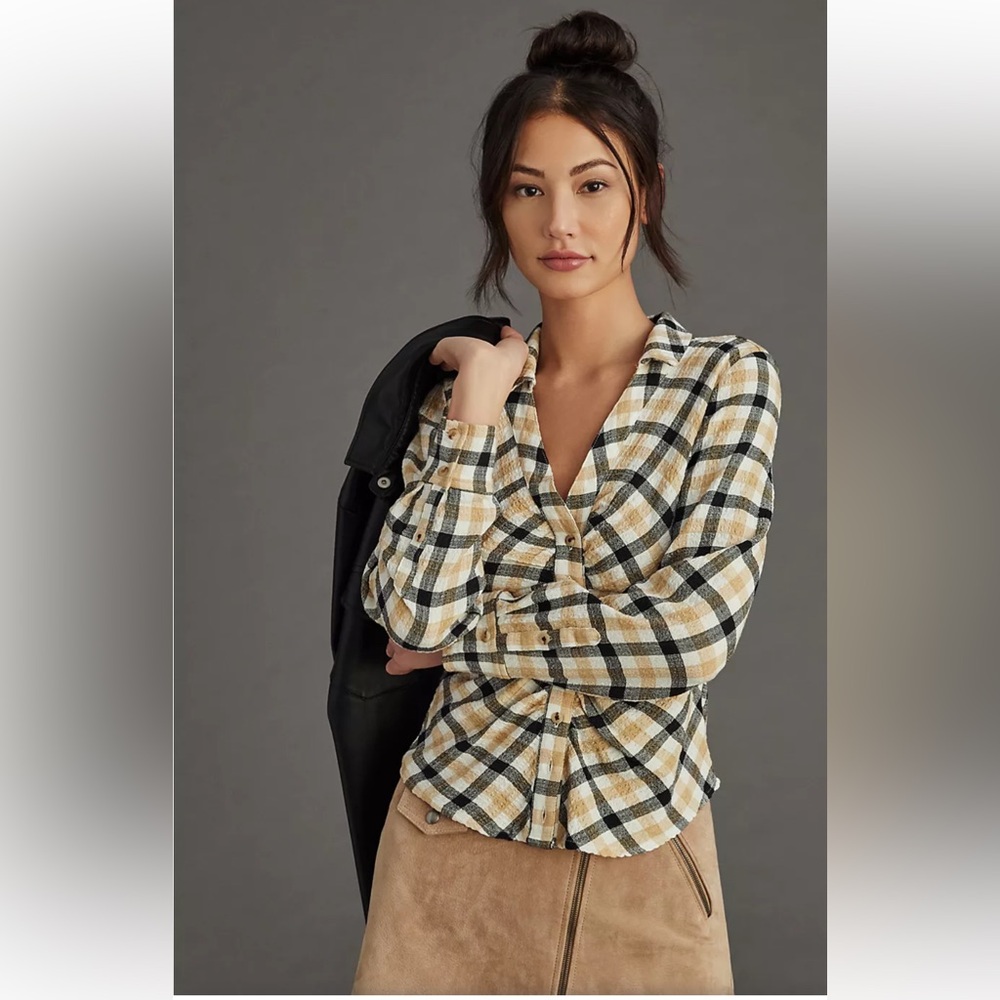 Plaid Button-Front Women's Top in Cream and Black